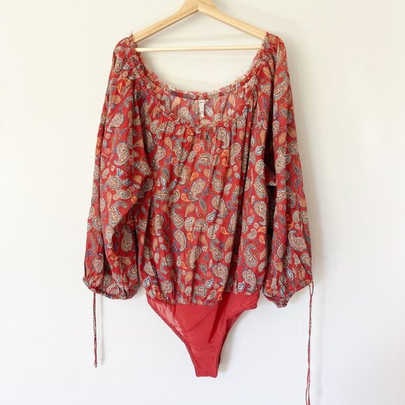 Free People Top Size Large Sundown Bodysuit Red Vintage Combo Paisley NWT READ - Picture 1 of 13